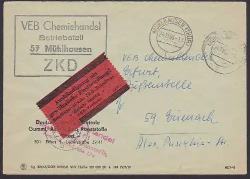 Mühlhausen 24.11.65, R4 ZKD-St. Chemiehandel mit rotem Aushändigungs-Pergamin in Mischzähnung (ZKD 7)