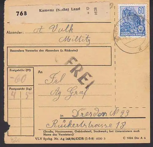 Fünfjahrplan II, 60 Pfg. Paketkarte  Kamenz (Sachs) Land, Abs. Miltitz mit Z1 FREI (420)