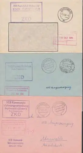 Schwedt / Oder, Wohnungsverwaltung, Kieswerk Niederfinow, Papierfabrik Wolfswinkel drei R3-ZKD-Stempel