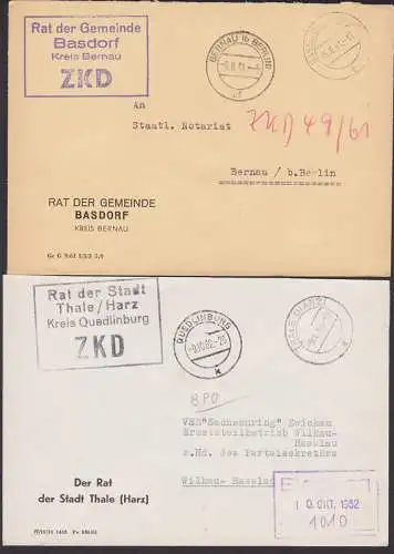 Basdorf Bernau Rat der Gemeinde, Thale Kr. Quedlinburg Rat der Stadt, R4-ZKD-Stempel, dabei einmal in schwarz