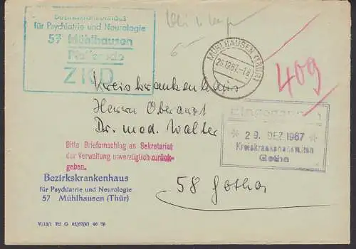Mühlhausen Pfaffenrode, R5 ZKD-St. blau statt violett, mit rotem Behandlungsstempel Z3 "Bitte Briefumschlag"