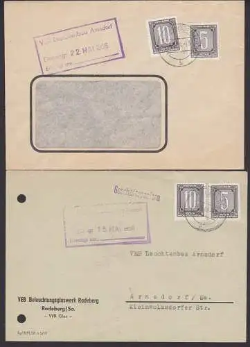Radeberg (Sachs) zwei Briefe als offene Sendung - nicht erlaubt - mit 5 und 10 Pf.  (B1, B2)