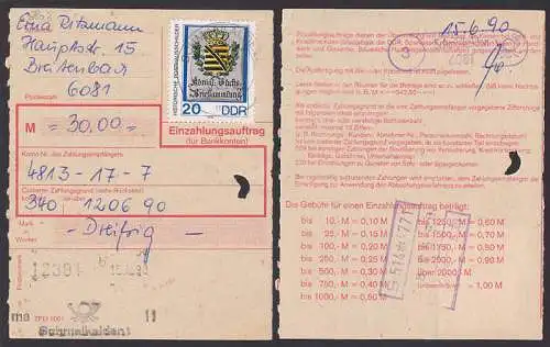 Einlieferungsauftrag mit 20 Pfg. Posthausschild (3303) aus Schmalkalden 15.6.90