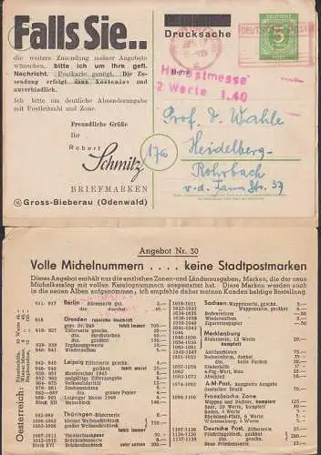 Werbekarte 5 Pf GA mit priv. Zudruck und PFS über 1 Pfennig, aufgeklebt auf Angebot Gross-Bieberau