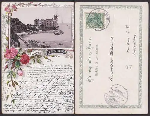 un saluto Ost. Leipzig-Thonberg 1902 auf italienischer Schmuckkarte mit Leipzig-Reudnitz