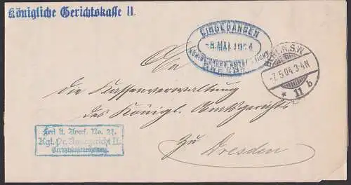 Frei lt. Avers No. 21 Kgl. Pr. Amtsgericht Berlin 7.5.04 nach Dresden, Faltbrief