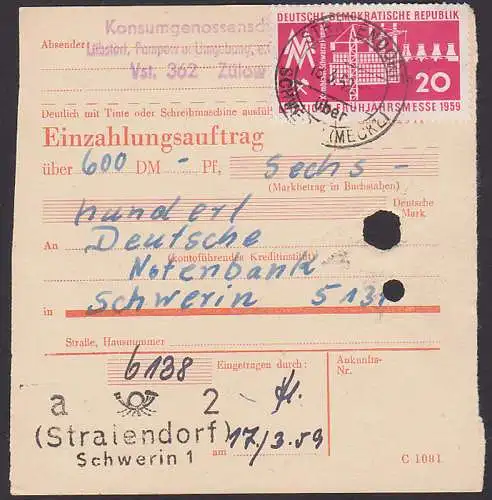 Strahlendorf Schwerin Einzahlungaauftrag von Konsumgenossenschaft Zülow, Leipziger FM 1959