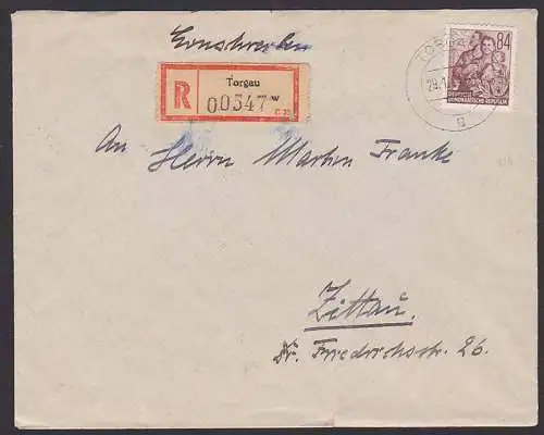 Torgau R-Brief mit 5-Jahrplan 84 Pfg. (379) 29.1.54 nach Zittau