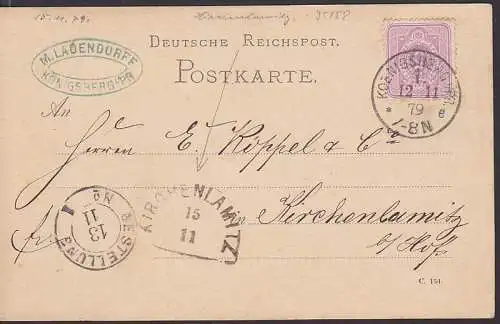Königsberg (Preussen) Karte 12.11.1879 nach Kirchenlamitz mit Bestellungsstempel