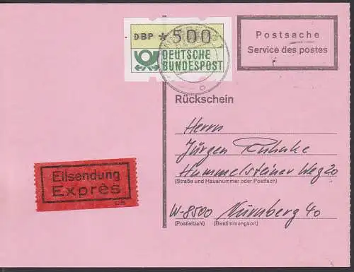 Rückschein mit 500 Pfg. Automatenmarke als Eilsendungs-Porto, Nürnberg
