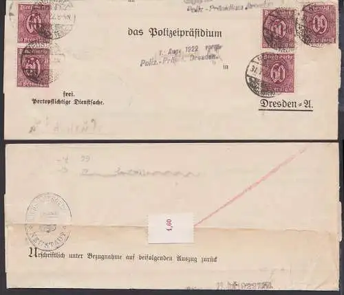Neustadt  (Sachsen) nach Dresden Dienstpost-Faltbrief mit 60 Pfg(5) 31.7.22 Polizeipräsidium