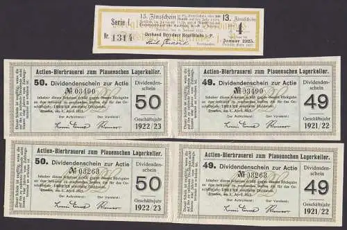 Dividenenschein, Zinsschein Dresden Bierbrauerei Plauensche Grund, Verband Dresdner Kegelclub