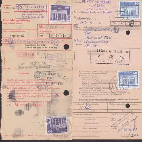 Marienberg, Auerbach (Vogtl) 40 bzw. 50 Pfg je als MeF auf PA, Einzahlungsauftrag, PSSt. Niederlauterstein