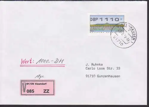 Wertbrief 1.000,- mit 1100 Pfg. Automatenmarke Gunzenhausen , Wertzettel aus Haundorf -zz- 27.2.99 mit Einl.-Zettel