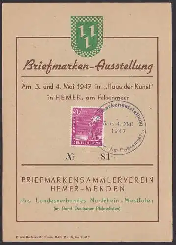 Gedenkblatt Briefmarkenausstellung Hemer-Menden 1947 mit Dv im Haus der Kunst (Nr. 81)
