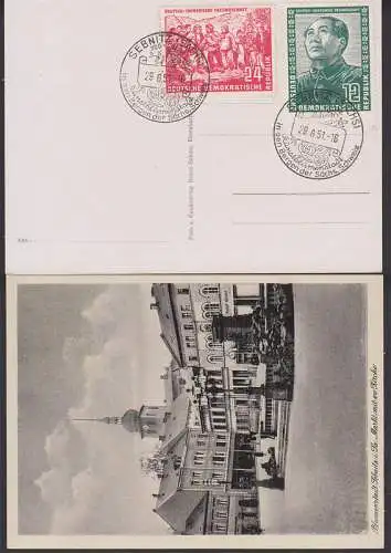 Deutsch-Chinesiche Freundschaft Mao Zedong SSt. Sebnitz 29.6.51 (286, 287) auf Ak Markt und Kirche