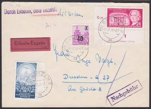 Staatsoper Berlin 24 Pfg. lu. Eckrandst. mit Dz (382) auf Eilbrief Bautzen 9.3.55 mit Nachgebühr