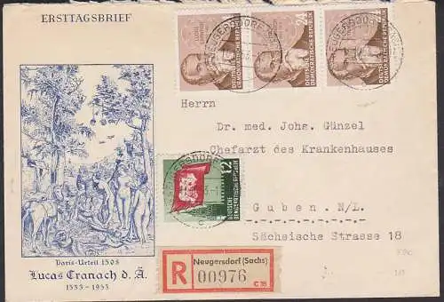 Neugersdorf R-Brief nach Guben (384) Ersttag 16.10.53 Turnvater Jahn