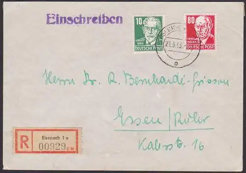 Eisenach R-Doppel-Brief 29.5.53 mit 80 Pfg. Ernst Thälmann rot (340), portogenau nach Essen/ Ruhr