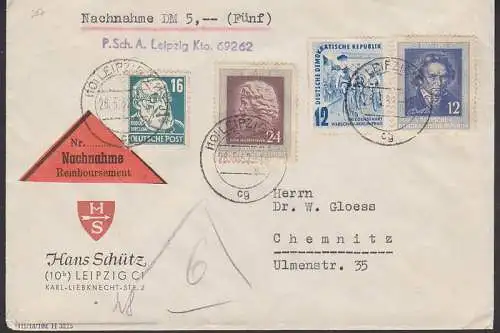 Friedensfahrt 1952 in MiF auf Nachnahme-Bf Leipzig 28.5.52 (307), Bike, Ludwig van Beethoven