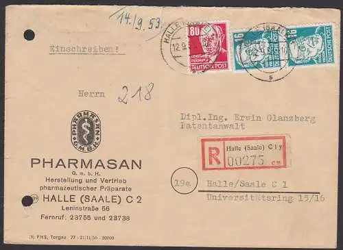 Halle R-Doppel-Orts-Brief 12.9.53 mit 80 Pfg. Ernst Thälmann rot (340), portogenau mit 1,12 Pfg. Bf. gefaltet