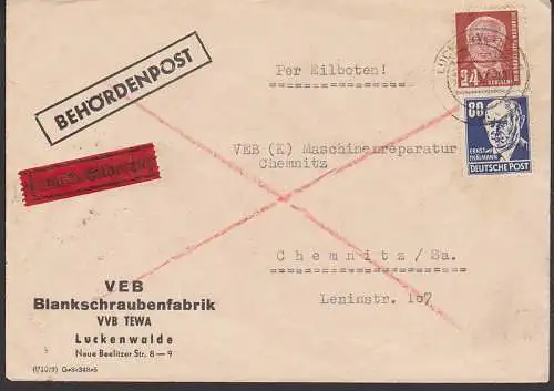 Luckenwalde Behördenpost Eil-Brief 17.12.53 mit 80 Pfg. Ernst Thälmann (339), portogenau