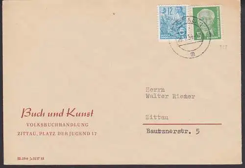 Zittau Wilhelm Pieck 5 Pfg. (322) auf Ortsbrief 29.9.54 - kurz vor Portosenkung am 1.10., Volksbuchhandlung
