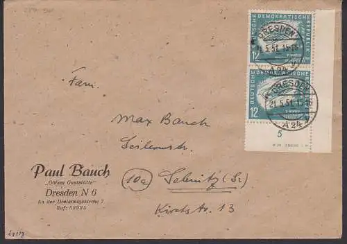 Dresden. 2. Winterspsortmeisterschaft Oberhof, 12 Pfg. mit Druckvermerk (280 Dv) 21.5.51 nach Sebnitz