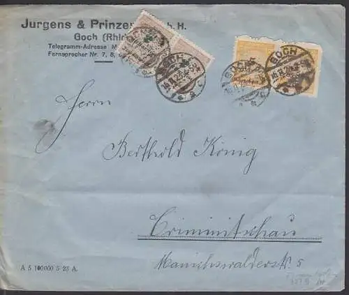 PERFIN / PERFORES - " JP." Goch (Rhld) 16.11.23, Inflafrankatur, dabei 327B Firmenlochung