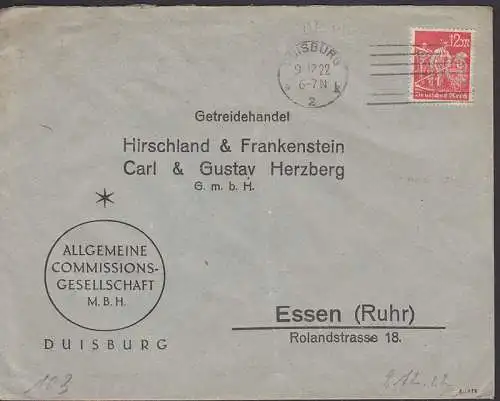 PERFIN / PERFORES - "DT" Duisburg Allg. Commissions-Gesellschaft 9.12.22, Inflafrankatur, geprüft Kurze
