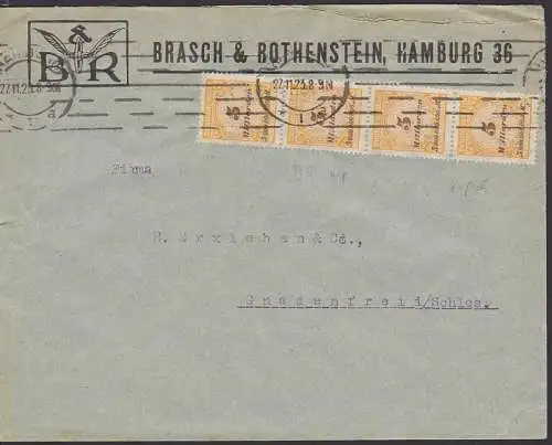 PERFIN / PERFORES - "B R" Hamburg Brasch & Rothenstein 27.11.23, Inflafrankatur 4-fach-Frankatur, Firmenlochung