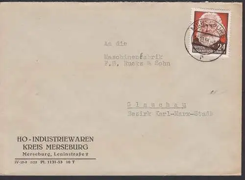 Merseburg 24 Pfg. Karl Marx (349), Fernbrief HO-Industriewaren 16.10.53