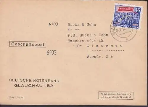 Glauchau 16 Pfg. Karl Marx-Jahr (347), Geschäftspost 3.7.53 Deutsche Notenbank