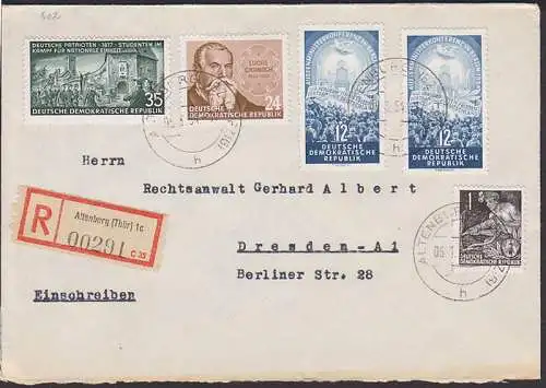 Altenburg (Thür) R-Brief 5.3.54, dabei 35 Pfg. Studenten auf der Wartburg Eisenach (402), portogenau