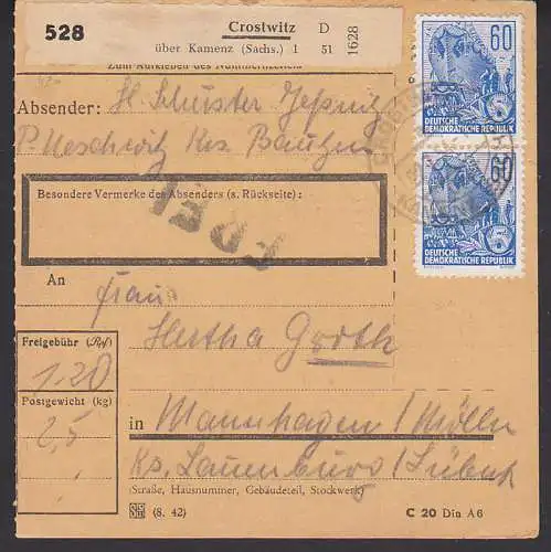 Paketkarte in die BRD 60 Pfg 5-Jahrpan (420) Crostwitz über Kamenz 22.7.54 mit Z1 FREI