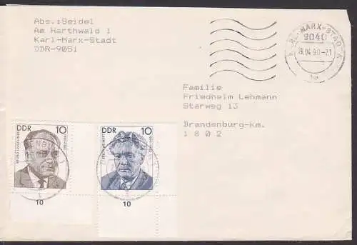 Fernbrief 1.4.90 MWSt. hat die Marken nicht entwertet, deshalb erst am Zielort in Brandenburg (3300/01)