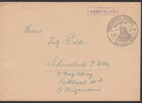 Freyburg  (Unstrut) SSt. Turnvater Jahn 5.9.45, Barfrankatur R1 "Gebühr bezahlt", Abs.-Klappe fehlt