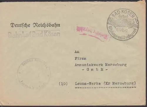 Bad Kösen SSt. 15.4.46, Barfrankatur R1 "Gebühr bezahlt", Deutsche Reichsbahn Bahnhof nach Leuna-Werke