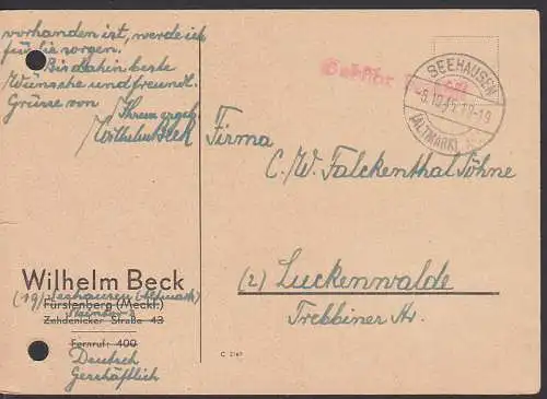 Seehausen (Altmark) 5.10.45, Barfrankatur Z1 "Gebühr bezahlt" nach Luckenwalde, Aktenlochung