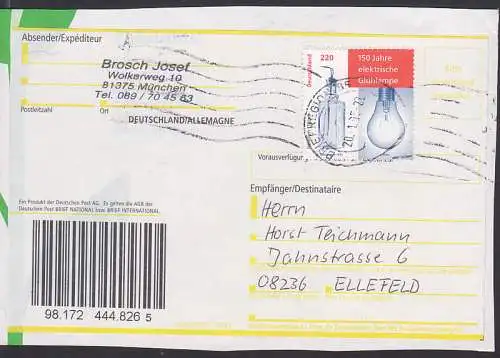Glühlampe (2395) als EF Porto Brief bis 1000 g,, 150 Jahre aus München nach Ellefeld