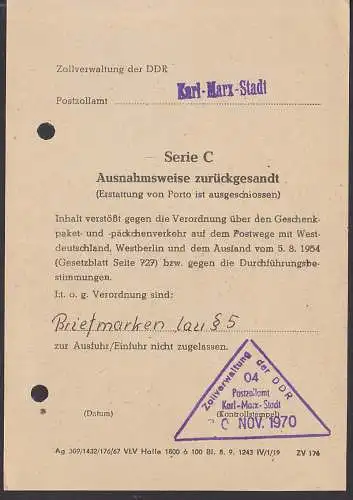 Zollverwaltung Begleitzettel 30. NOV 1970 Karl-Marx-Stadt "Ausnahmsweise zurückgesandt"