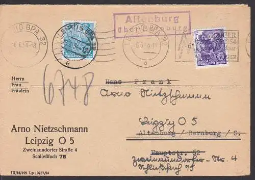 Altenburg bei Bernburg PSSt. MWSt. 6.6.54, mit Weiterleitung nach Leipzig mit Auffrank, 13.6., Kuriosum