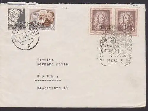 Händelfestspile Halle 1953 SSt. 4.6.53, Bf am 8.6. auffrankiert und befördert, (308)