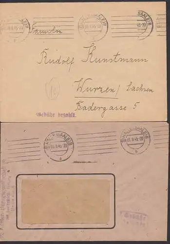 Halle Barfrankatur zwei verschiedene Freimachungsst. K2 1.9.45, Z1 28.8.45, Gebühr bezahlt