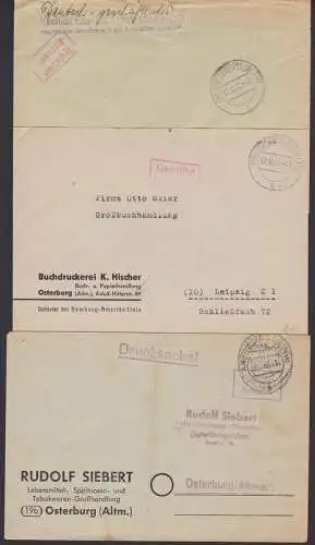 Osterburg (Altm) Barfrankatur drei Freimachungsst. von 1945 bzw 1948, Gebühr bezahlt
