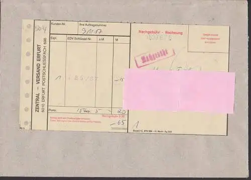 Erfurt Nachgebühr Rechnung vom Zentral - Versand 9.11.87