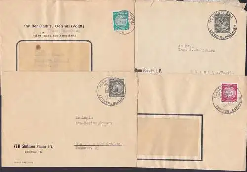 Vogtland Plauen, Oelsnitz vier Dienstpost-Bfe mit SSt., Spitzen und Gardinen, Rat der Stadt Wohnraumlenkung