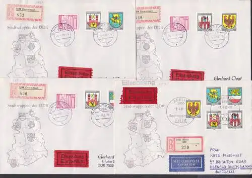 Stadtwappen der DDR auf R-Briefen, dabei Eil-R-Lp nach Australien, alle vom Ersttag, rs. Eing,-St