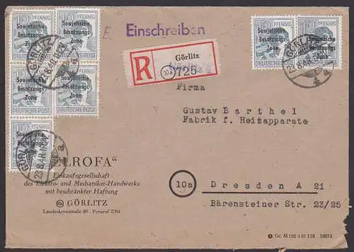 Grlitz R-Bf mit Aushilfszettel 12 Pfg. SBZ-Aufdruck (186) in seltener MeF, 23.8.48 nach Dresden