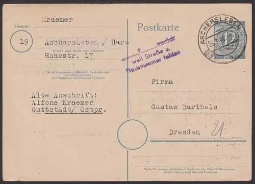 Aschersleben 12 Pfg. GA 29.8.45 Z3 "zurck weil Straáe u. Hausnummer fehlen", Abs. Hinweis Guttstadt / Ostpreusen